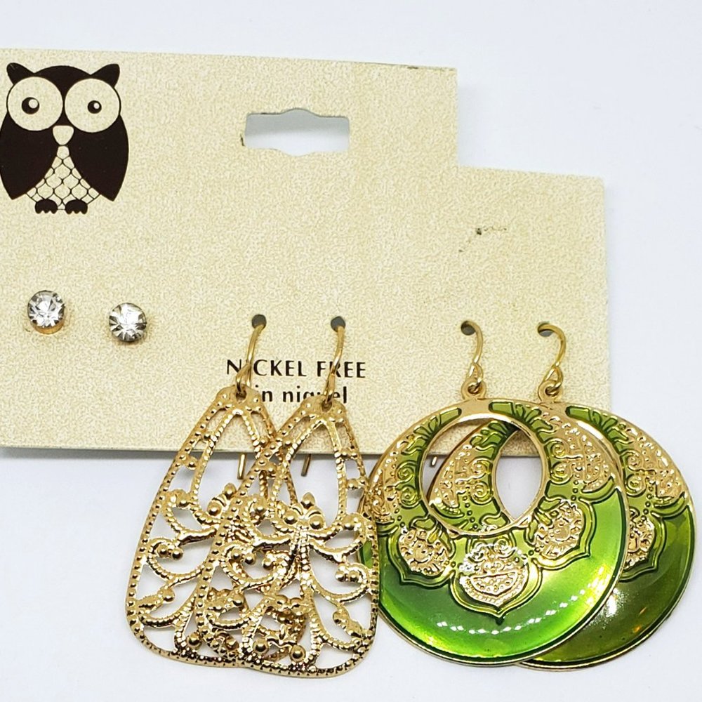 3 Pair Gold Boho Chic Green Enamel Filigree Rhinestone Stud Pierced Earrings